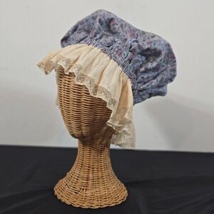 Unbranded Floral Prairie Bonnet Women Blue Cream Lace Trim Ruffle
